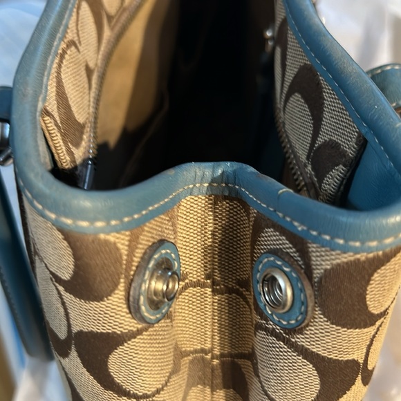 COACH HAMPTON SIGNATURE JACQUARD KHAKI/BROWN SATCHEL WITH TEAL LEATHER TRIM - Picture 8 of 12